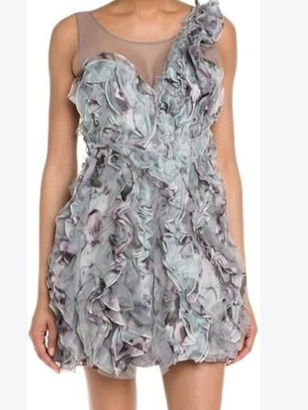 BCBG MAXAZRIA Size 6 Ruffled Pale Gray Floral-Print Cocktail Dress $498
